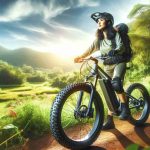 Realistic high-definition photo of a person wearing biking gear, immersed in the peace of nature, exploring outdoors using an advanced electric adventure bike. The bike has fat tires for rugged terrains and a powerful motor. The surrounding outdoor scene should have lush green vegetation reflecting vibrant vitality, and a clear blue sky overhead. The person, a South-Asian female, looks ahead with determination, ready to conquer the trail ahead.