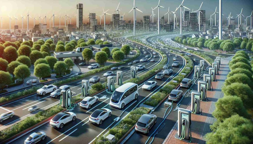 A detailed, high-definition image depicting the revolution in transportation due to the rise of electric vehicles. This scene should include a diverse cityscape with roads bustling with electric cars of various models and designs. Show charging stations strategically placed throughout the city. The image should emphasize the eco-friendly aspect of these vehicles, so include some representations of clean energy like windmills and solar panels. Endeavor to capture the excitement and progress of this revolution in transportation.