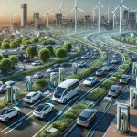 A detailed, high-definition image depicting the revolution in transportation due to the rise of electric vehicles. This scene should include a diverse cityscape with roads bustling with electric cars of various models and designs. Show charging stations strategically placed throughout the city. The image should emphasize the eco-friendly aspect of these vehicles, so include some representations of clean energy like windmills and solar panels. Endeavor to capture the excitement and progress of this revolution in transportation.