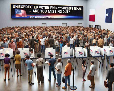 A highly detailed, realistic depiction of an unexpected frenzy of voters in Texas. The scene is filled with people from all walks of life and diverse descents such as Caucasian, Hispanic, Black, and Middle-Eastern individuals gathered in line, their faces showing excitement and anticipation. Voting stations are arranged neatly in the area. Nearby, a digital screen presents the headline, 'Unexpected Voter Frenzy Sweeps Texas – Are You Missing Out?' attempting to draw in any passersby to join in the act of democracy.