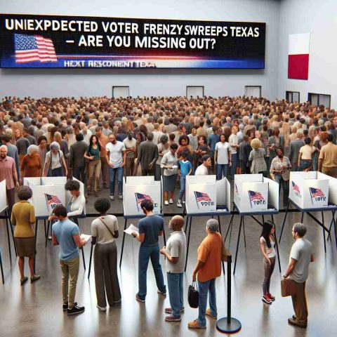 A highly detailed, realistic depiction of an unexpected frenzy of voters in Texas. The scene is filled with people from all walks of life and diverse descents such as Caucasian, Hispanic, Black, and Middle-Eastern individuals gathered in line, their faces showing excitement and anticipation. Voting stations are arranged neatly in the area. Nearby, a digital screen presents the headline, 'Unexpected Voter Frenzy Sweeps Texas – Are You Missing Out?' attempting to draw in any passersby to join in the act of democracy.