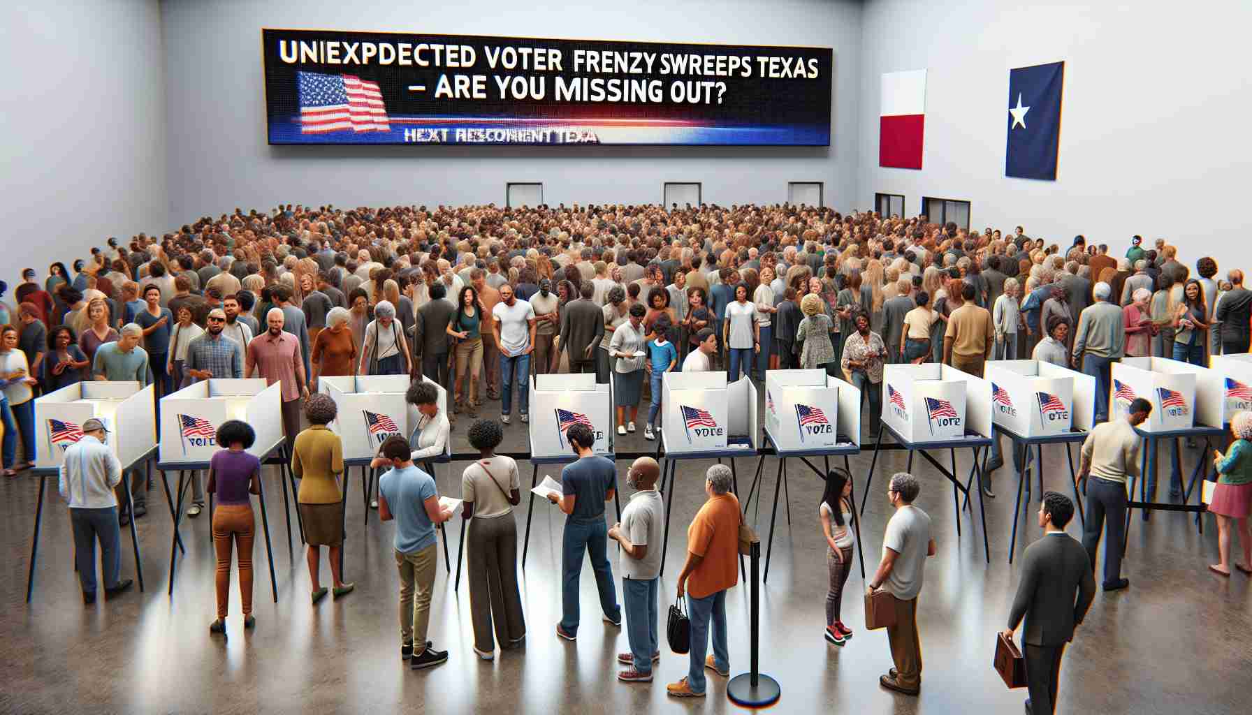 A highly detailed, realistic depiction of an unexpected frenzy of voters in Texas. The scene is filled with people from all walks of life and diverse descents such as Caucasian, Hispanic, Black, and Middle-Eastern individuals gathered in line, their faces showing excitement and anticipation. Voting stations are arranged neatly in the area. Nearby, a digital screen presents the headline, 'Unexpected Voter Frenzy Sweeps Texas – Are You Missing Out?' attempting to draw in any passersby to join in the act of democracy.