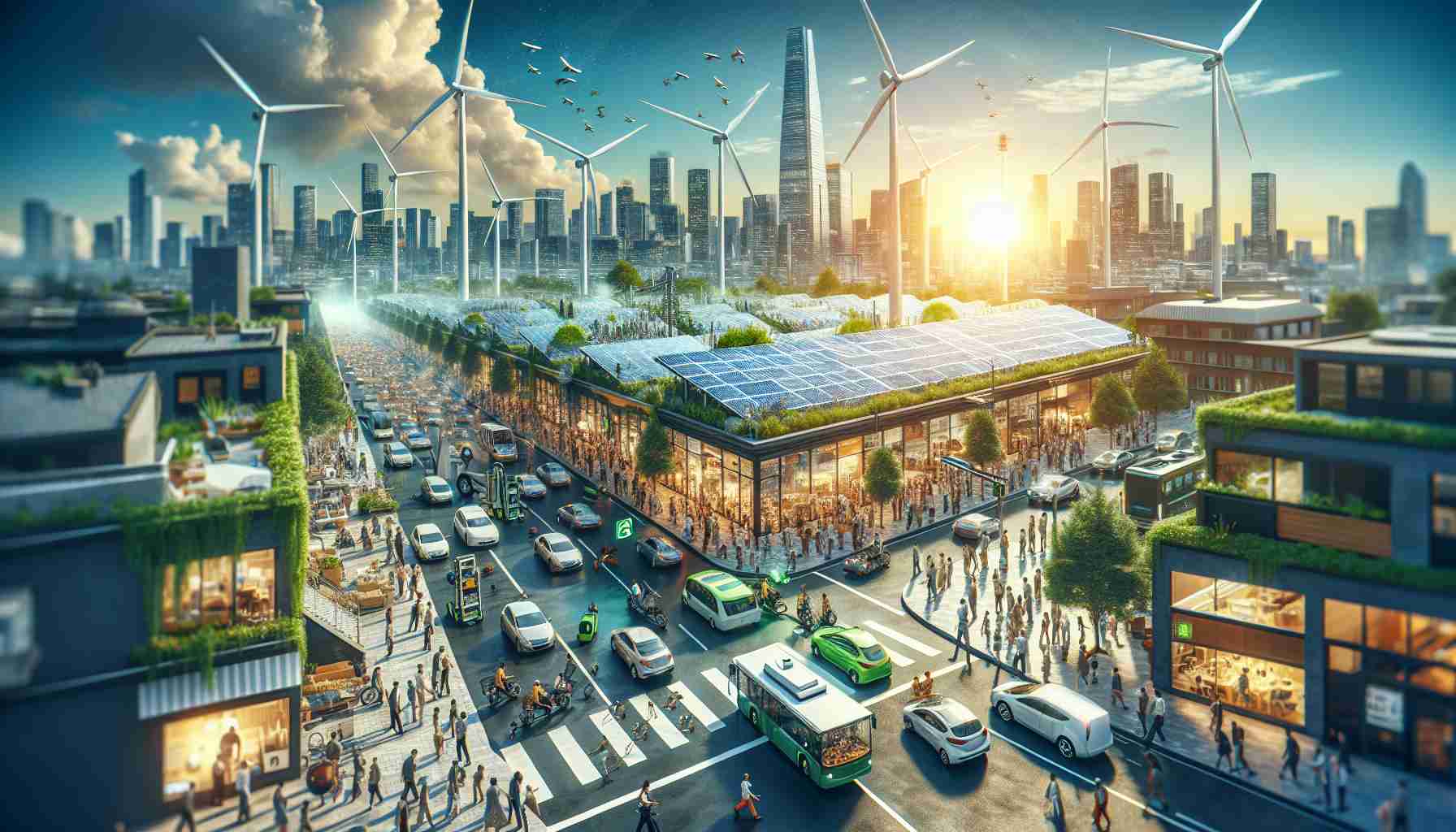 Generate an image showcasing a green energy initiative being launched in a bustling, active city. The scene possesses activity during the daytime with a clear, sunny sky overhead. You can observe the installation of solar panels on rooftops, wind turbines dotting the cityscape, and electric vehicles navigating through busy roads. People of various descents and genders are participating in this initiative, working on the installations and advocating about the benefits of adopting renewable energy. This high-definition image depicts a promising, sustainable future and the proactive measures taken by urban dwellers to achieve it.