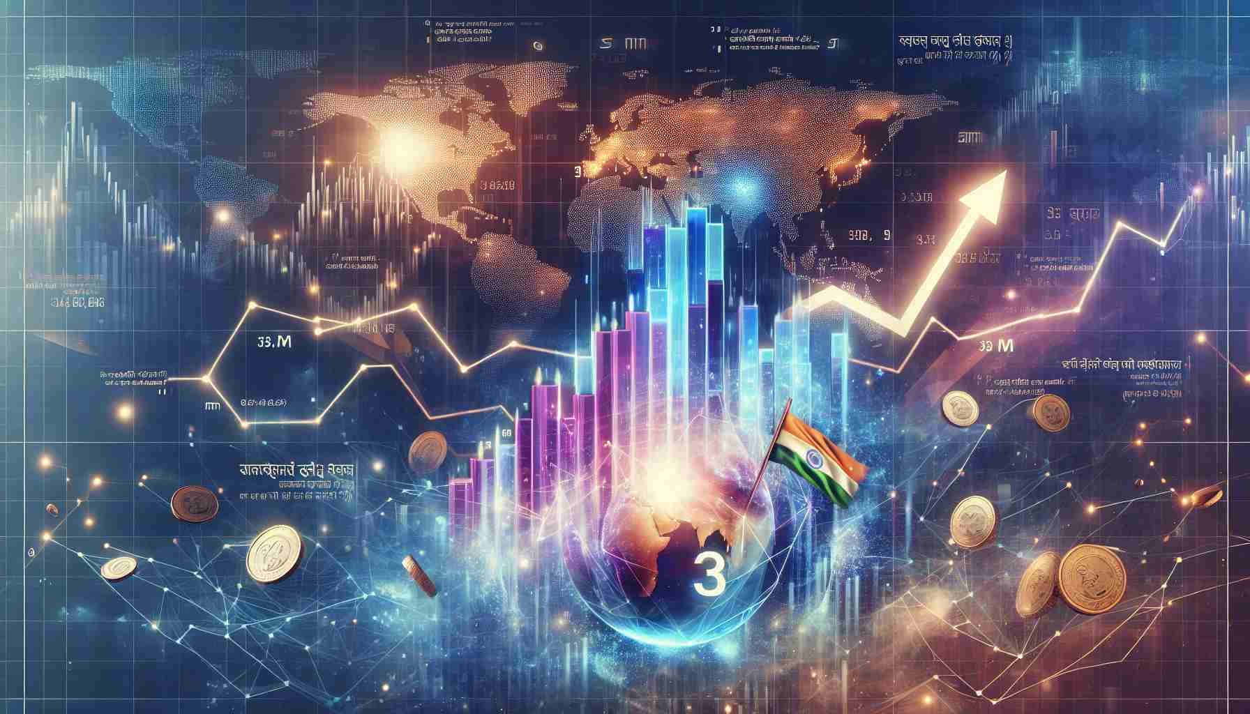 High-definition realistic image of a finance-related concept. Consider displaying various elements such as a rising stock market graph, India's map, and the number 3M presented in a dynamic and exciting way. Overlay these elements with a intriguing question like 'Poised for a Financial Breakthrough?' Also include a mystical touch suggesting an exploration of what's hidden behind the numbers.