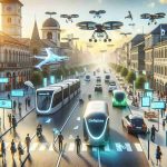 High-definition, realistic image depicting the cutting-edge technology shaking up urban transport. The scene captures a city landscape with advanced, eco-friendly vehicles like autonomous drones, electric buses, and hoverbikes seamlessly integrated with the traditional transportation system. The city's architecture retains the charm of the old with the innovation of the new. Pedestrians of diverse descents and genders can be seen marveling at this revolutionary change, creating a sense of anticipation and excitement. Please include details like digital information boards showing real-time transportation information, sustainable energy sources like solar panels, and people using smart devices for hailing these modern modes of transportation.