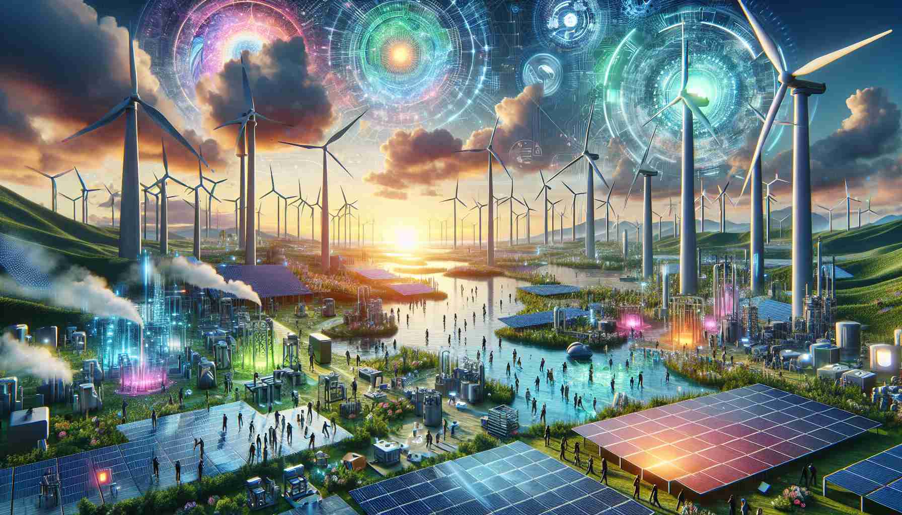 Create a high definition, realistic image depicting the concept of revolutionizing energy. It should display futuristic, ground-breaking technologies everyone is talking about in the energy sector. Picture a scene where sustainable energy solutions like state-of-the-art solar panels, towering wind turbines, and cutting-edge tidal power units cover a vibrant landscape, representing the next big thing in energy production. Also include people from diverse backgrounds, genders, and races working collaboratively in this setting, illustrating the global effort towards sustainable energy transition.