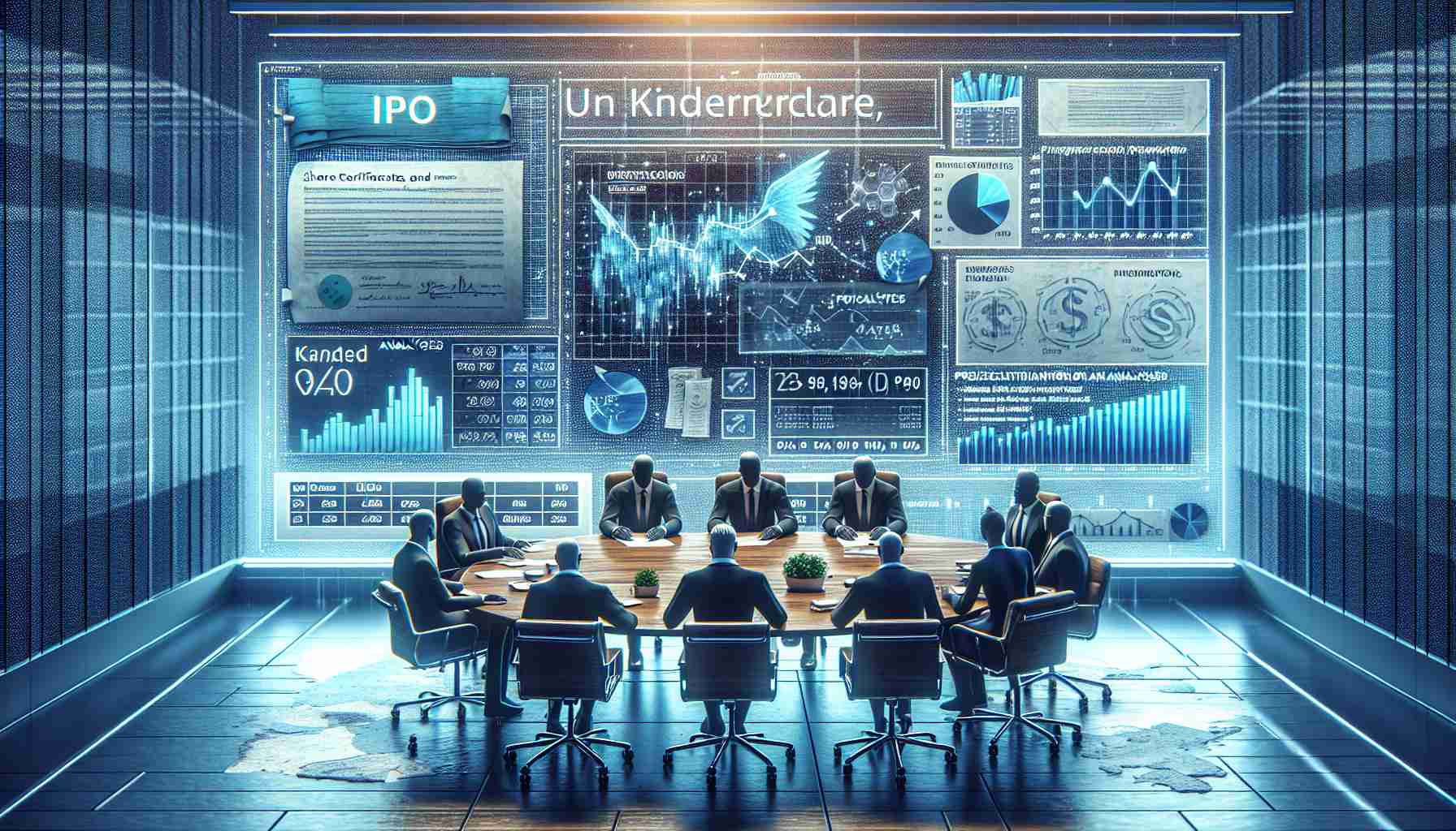 A highly realistic image in HD depicting a fictional scene related to the unexplored narrative of KinderCare's Initial Public Offering (IPO). This could include symbolisations of financial documents, share certificates, projections and analyses charts, and possibly a few investors discussing around a table in a corporate setting. It should convey key aspects that investors would need to know, creating an air of intrigue and anticipation.