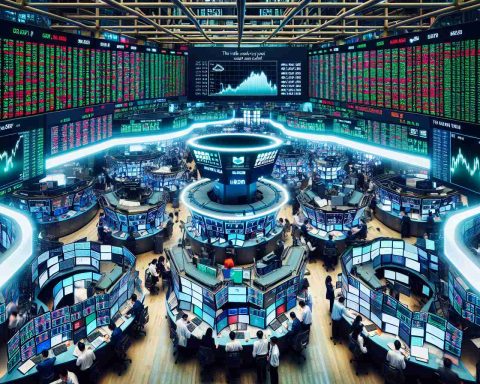 An intricate and detailed view of a lively stock exchange floor with traders of diverse backgrounds and genders hard at work among the digital screens showing various stock market trends and data. The setting is filled with the buzz of business, stock quotes flashing on multiple monitors, marked with green or red numbers indicating rises and drops in the market. A banner displaying the phrase 'Is the Stock Exchange Open Today? The Inside Scoop You Need' is prominently displayed in an HD photo.