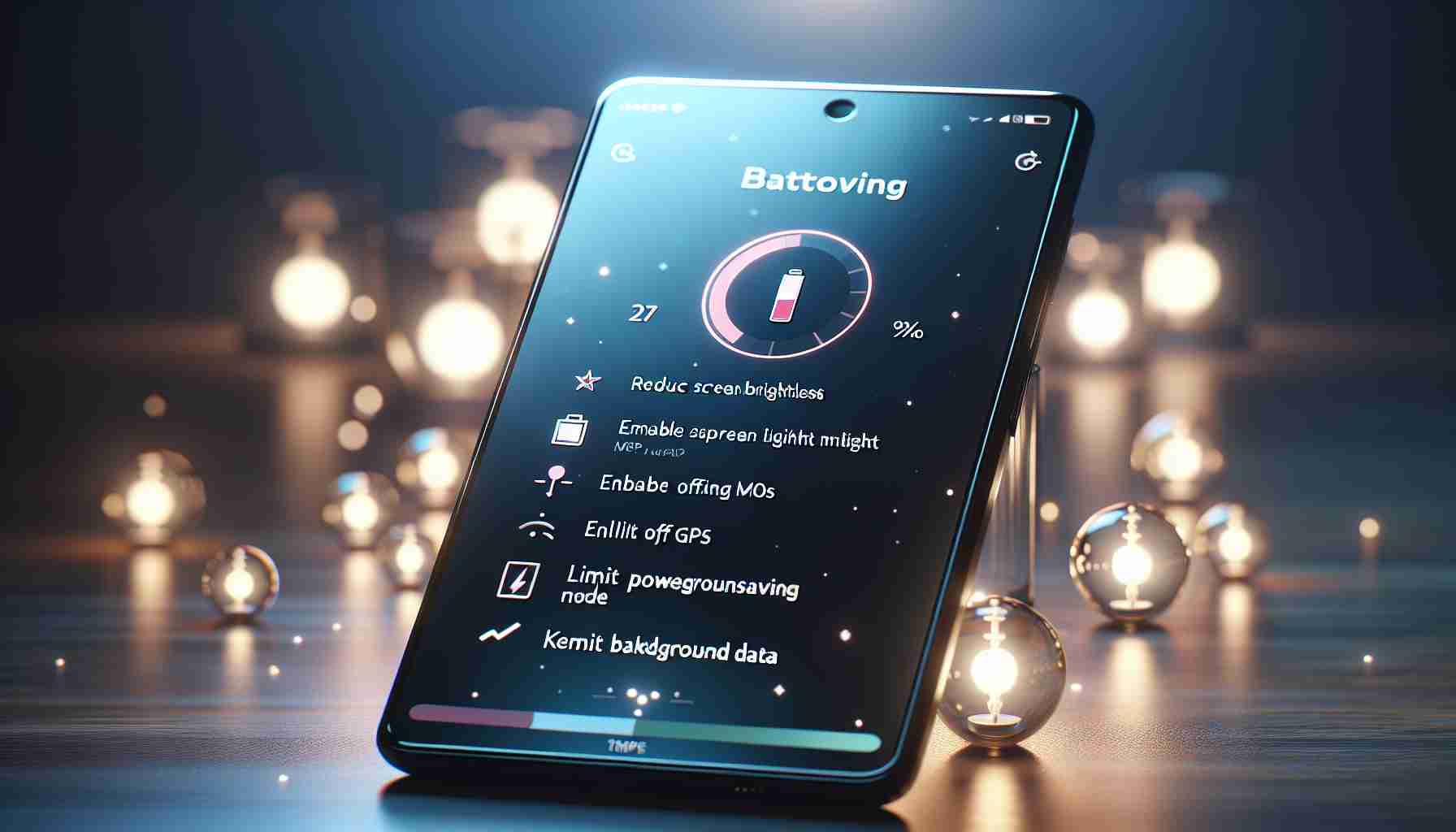 A realistic, high-definition photo illustrative of maximizing a smartphone's battery life through simple tips. The image could include a modern smartphone with its screen illuminated, displaying easy to implement suggestions for conserving battery, like reducing screen brightness, enabling power saving mode, turning off GPS, limit background data, and keeping the phone updated. Softly lit surroundings could provide contrast for the smartphone.