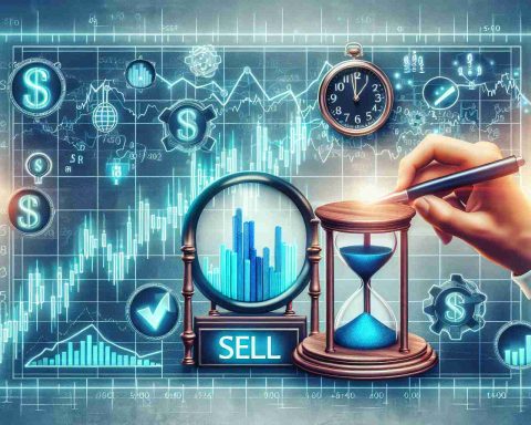 Generate a realistic, high-definition image illustrating the concept of the right time to sell Small and Medium Enterprises (SME) Initial Public Offering (IPO) shares. The image might include elements such as a graph with rising stock indicators, a clock or hourglass symbolizing time, a sell button, and a stock exchange backdrop.