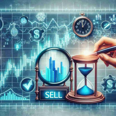 Generate a realistic, high-definition image illustrating the concept of the right time to sell Small and Medium Enterprises (SME) Initial Public Offering (IPO) shares. The image might include elements such as a graph with rising stock indicators, a clock or hourglass symbolizing time, a sell button, and a stock exchange backdrop.