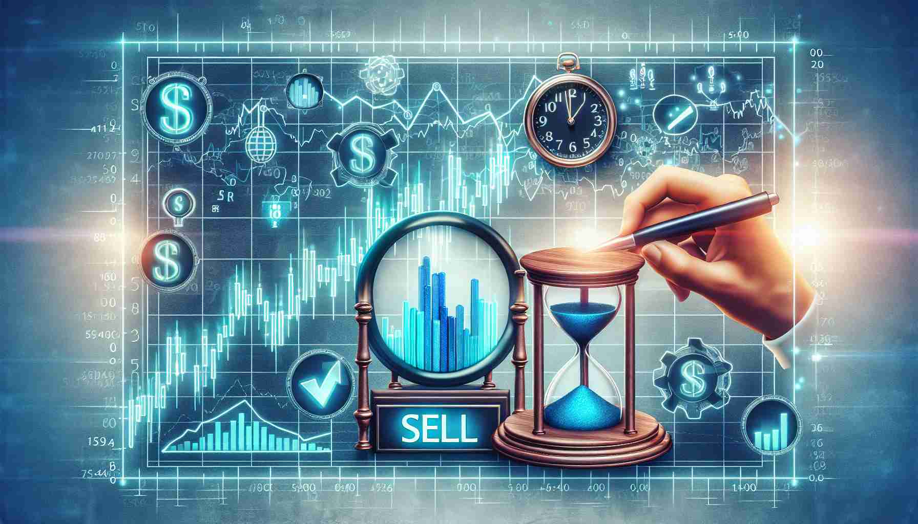 Generate a realistic, high-definition image illustrating the concept of the right time to sell Small and Medium Enterprises (SME) Initial Public Offering (IPO) shares. The image might include elements such as a graph with rising stock indicators, a clock or hourglass symbolizing time, a sell button, and a stock exchange backdrop.