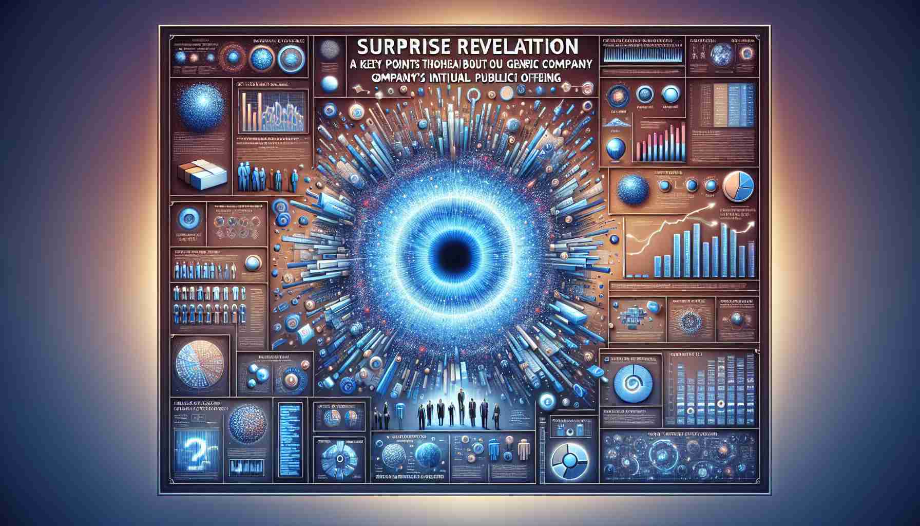 Generate a realistic high-definition depiction of a surprise revelation about a generic company's Initial Public Offering. The imagery should represent key points that might have been overlooked or misunderstood, displayed in an intuitive and vivid format such as graphs, charts, or infographics.