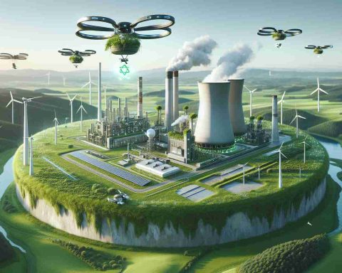 A high-definition, realistic image representing the future of green energy. This could involve a futuristic, eco-friendly energy plant placed amidst green landscapes, with an unexpected partnership between nature and technology being the key theme here. Flying drones could be seen supplying the plant with necessary components, solar panels and wind turbines could be integrated into the design of the plant and the overall atmosphere should be one of revolutionary change in the energy sector.