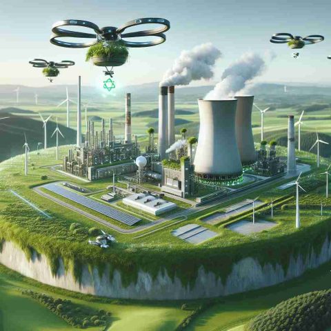 A high-definition, realistic image representing the future of green energy. This could involve a futuristic, eco-friendly energy plant placed amidst green landscapes, with an unexpected partnership between nature and technology being the key theme here. Flying drones could be seen supplying the plant with necessary components, solar panels and wind turbines could be integrated into the design of the plant and the overall atmosphere should be one of revolutionary change in the energy sector.