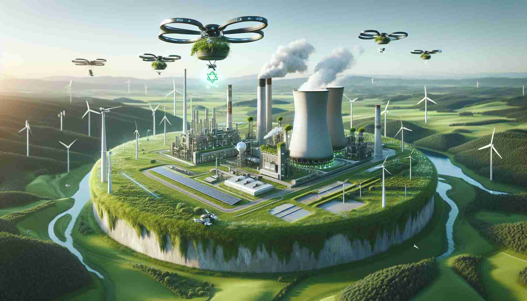 A high-definition, realistic image representing the future of green energy. This could involve a futuristic, eco-friendly energy plant placed amidst green landscapes, with an unexpected partnership between nature and technology being the key theme here. Flying drones could be seen supplying the plant with necessary components, solar panels and wind turbines could be integrated into the design of the plant and the overall atmosphere should be one of revolutionary change in the energy sector.