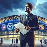 Generate an ultra-high-definition, realistic image that depicts a key scene in the world of sports ownership. A multi-club sports owner stands in front of prominent sports arenas, holding a document representing a significant agreement. The mood should be of excitement and anticipation, with elements suggesting this is a major financial move and a profound leap forward. Include visible signs of both soccer and basketball club insignia on the buildings to imply the extension of his ownership across diverse sports.