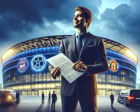 Generate an ultra-high-definition, realistic image that depicts a key scene in the world of sports ownership. A multi-club sports owner stands in front of prominent sports arenas, holding a document representing a significant agreement. The mood should be of excitement and anticipation, with elements suggesting this is a major financial move and a profound leap forward. Include visible signs of both soccer and basketball club insignia on the buildings to imply the extension of his ownership across diverse sports.