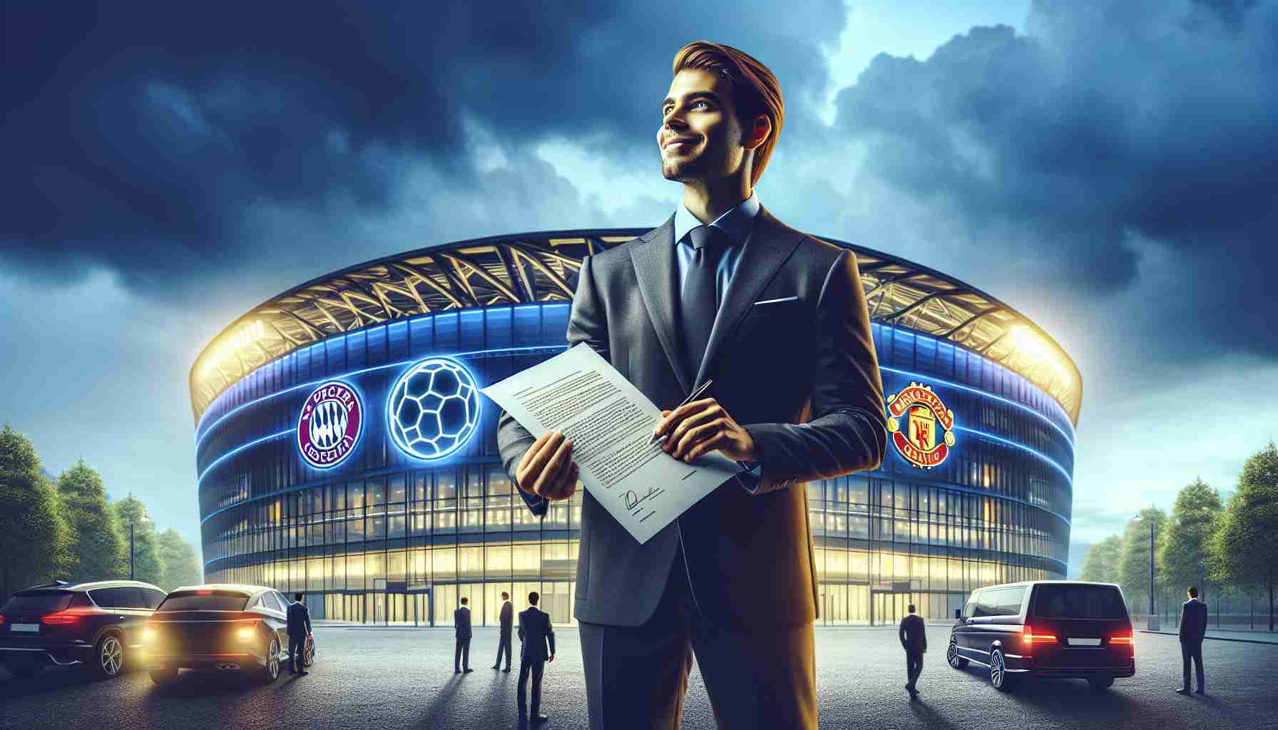 Generate an ultra-high-definition, realistic image that depicts a key scene in the world of sports ownership. A multi-club sports owner stands in front of prominent sports arenas, holding a document representing a significant agreement. The mood should be of excitement and anticipation, with elements suggesting this is a major financial move and a profound leap forward. Include visible signs of both soccer and basketball club insignia on the buildings to imply the extension of his ownership across diverse sports.