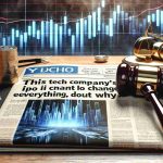 A realistic high-definition rendering of a newspaper headline that reads 'This Tech Company's IPO May Just Change Everything: Find Out Why', placed on a news desk setting with an abstract background of soaring stock market graphs, a shiny gavel and other stock market related items scattered around.