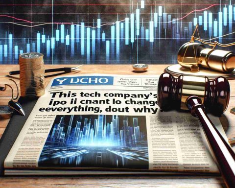 A realistic high-definition rendering of a newspaper headline that reads 'This Tech Company's IPO May Just Change Everything: Find Out Why', placed on a news desk setting with an abstract background of soaring stock market graphs, a shiny gavel and other stock market related items scattered around.