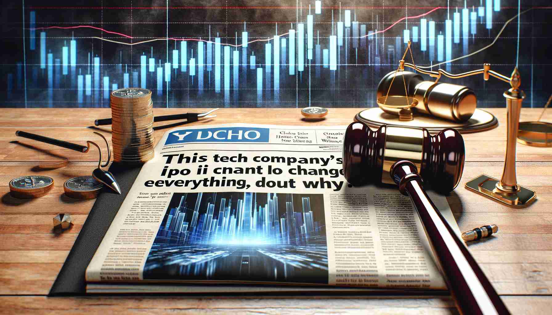 A realistic high-definition rendering of a newspaper headline that reads 'This Tech Company's IPO May Just Change Everything: Find Out Why', placed on a news desk setting with an abstract background of soaring stock market graphs, a shiny gavel and other stock market related items scattered around.