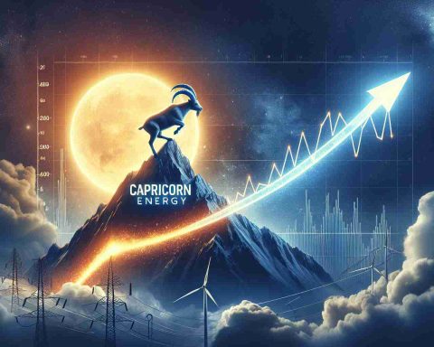 Create a high-definition, realistic image which symbolizes the meteoric rise of Capricorn Energy, a fictional energy company. This could include an upward-trending graph, a rocket soaring skyward, or capricorn(the astrological sign) climbing a mountain. Create an atmosphere of growth, pace and acceleration in the image to represent the surge in the company's development.