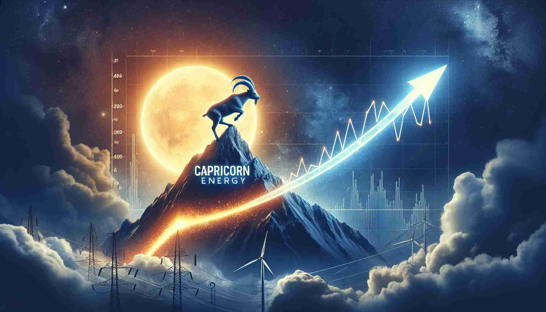 Create a high-definition, realistic image which symbolizes the meteoric rise of Capricorn Energy, a fictional energy company. This could include an upward-trending graph, a rocket soaring skyward, or capricorn(the astrological sign) climbing a mountain. Create an atmosphere of growth, pace and acceleration in the image to represent the surge in the company's development.