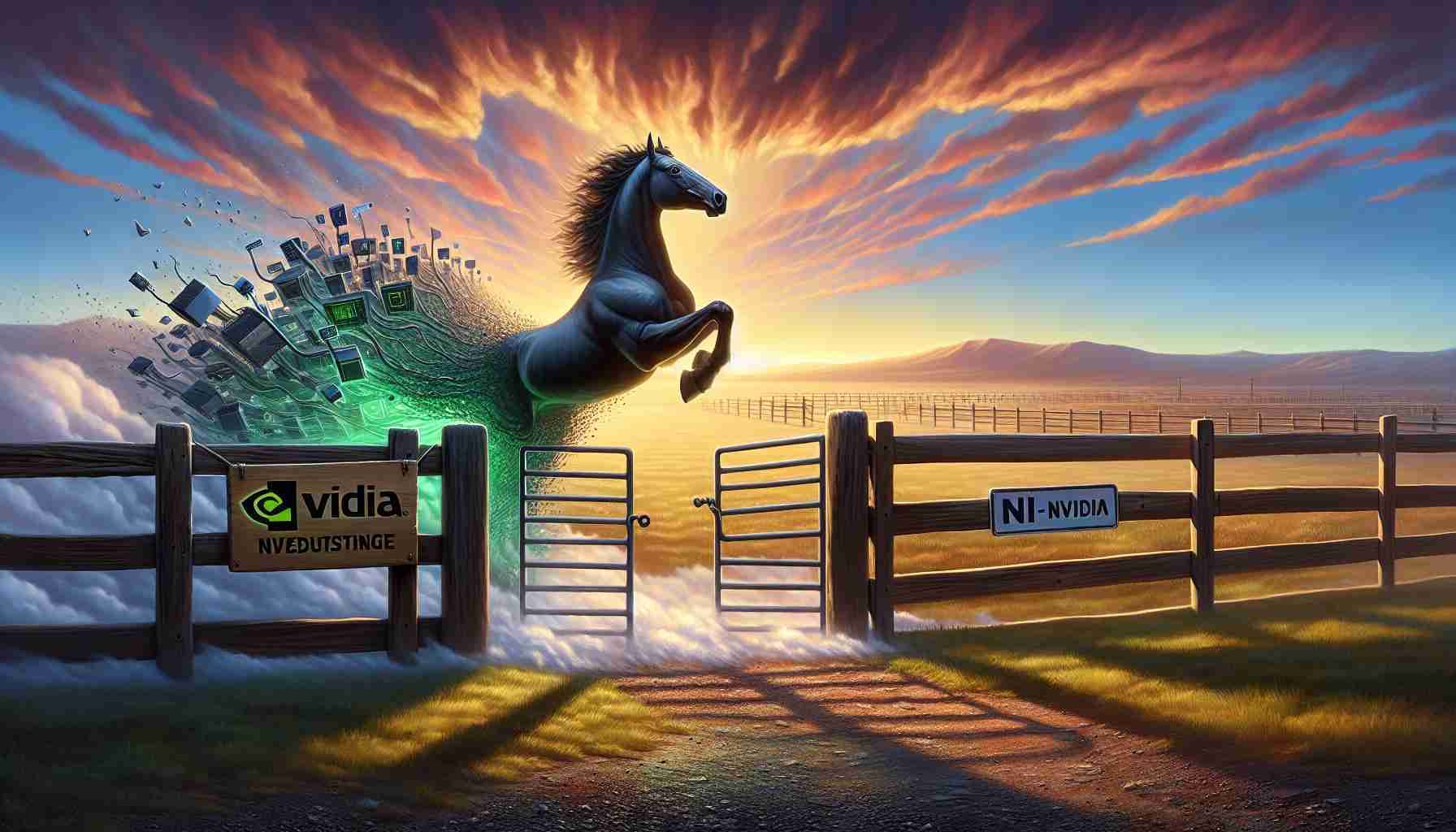 A realistic high-definition image of a surprising twist in the AI investment story, represented metaphorically. Picture this: an untamed horse (symbolizing AI) breaking free from a sturdy corral, with the sign "Nvidia" on its gate. The horse is heading towards an open field containing various innovative technologies, symbolizing emerging opportunities outside the traditional staples of AI investment. The sky is splashed with hues of dawn, signalling the beginning of new era. The scene should evoke emotions of anticipation and surprise.