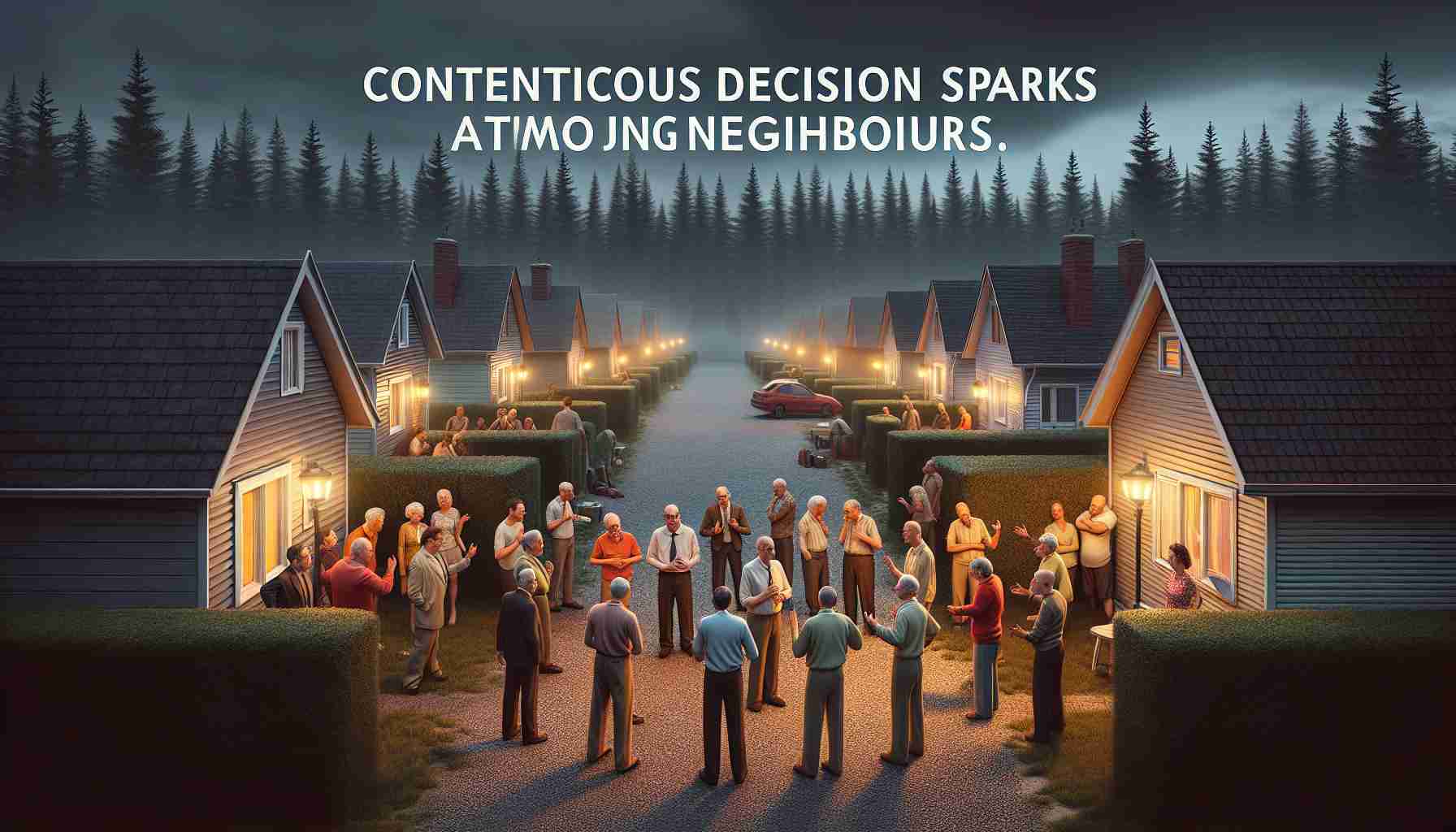 A realistic high-definition image capturing a community of uniquely real citizens engaged in a passionate debate. The setting is a humble, tree-lined neighborhood during twilight, small houses bathed in the gentle glow of street lamps. The disagreement is evident through the expressive emotions, body language, and lively discussion taking place. Some neighbors stand tall, firmly expressing their views, while others sit idly by, absorbed in deep thought. The image's title, 'Contentious Decision Sparks Debate Among Neighbours', is painted across the sky in dramatic, bold typographic letters.