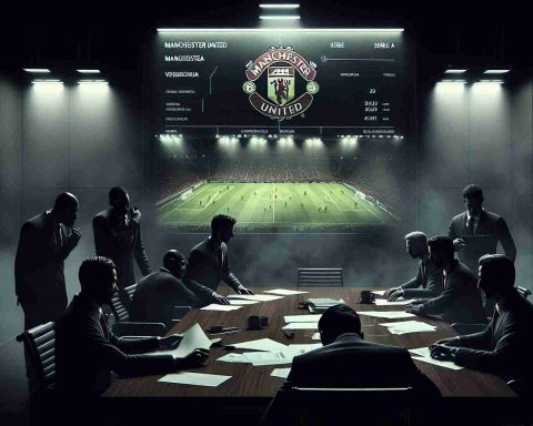 A hyper-realistic illustration depicting a hypothetical scenario where the football team Manchester United is covertly observing a potential transfer deal in Serie A. The image can feature a dark boardroom, with the Manchester United logo subtly highlighted, and a blurred screen showing a football player from Serie A, without revealing specifics. Agents huddled, studying documents, and whispers filling the room kindle the atmosphere of secrecy and intrigue. Please note the image should not reveal identities, or any specific individual or player.