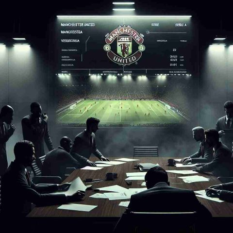 A hyper-realistic illustration depicting a hypothetical scenario where the football team Manchester United is covertly observing a potential transfer deal in Serie A. The image can feature a dark boardroom, with the Manchester United logo subtly highlighted, and a blurred screen showing a football player from Serie A, without revealing specifics. Agents huddled, studying documents, and whispers filling the room kindle the atmosphere of secrecy and intrigue. Please note the image should not reveal identities, or any specific individual or player.