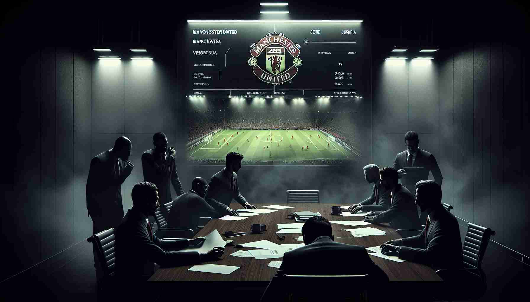 A hyper-realistic illustration depicting a hypothetical scenario where the football team Manchester United is covertly observing a potential transfer deal in Serie A. The image can feature a dark boardroom, with the Manchester United logo subtly highlighted, and a blurred screen showing a football player from Serie A, without revealing specifics. Agents huddled, studying documents, and whispers filling the room kindle the atmosphere of secrecy and intrigue. Please note the image should not reveal identities, or any specific individual or player.