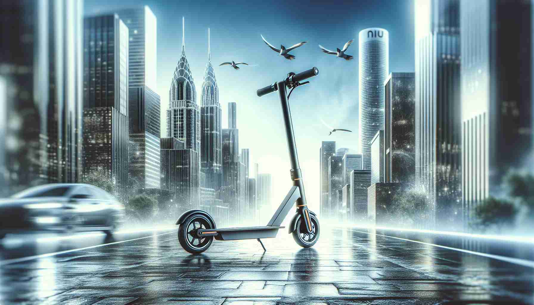 A high-definition, realistic image showcasing the unique experience of urban mobility like never before. The focus of the image is a high-end electric kick scooter named KQi3 Pro from a brand called NIU. The scooter should display advanced features and look sophisticated. A backdrop of a dynamic urban landscape will make the scooter stand out, further emphasizing the urban mobility aspect. Suitable weather conditions and time of day, such as a bright yet slightly overcast afternoon, can augment the scene well.