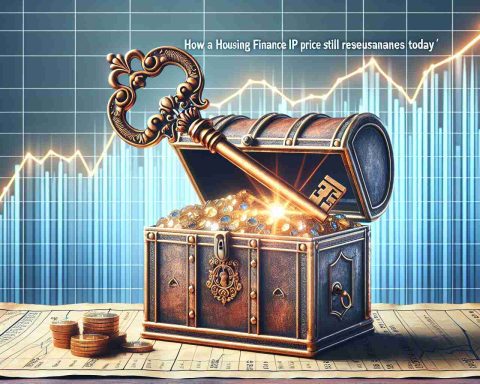 Generate a high-definition, realistic image depicting the concept of 'Unlocking the Treasure.' Represent this concept symbolically with a grand, vintage key opening an antiquated, ornate treasure chest overflowing with gold and precious gems. The backdrop for the scene is a graph that trails upwards, indicating the positive performance of a hypothetical Housing Finance IPO and its continued resonance in today's market. The chart should be transparent, allowing for the treasure imagery to stand out. Have the title, 'How a Housing Finance's IPO Price Still Resonates Today' displayed prominently at the top of the image.