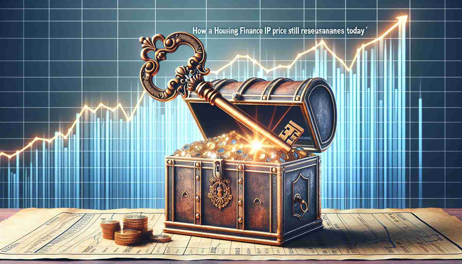 Generate a high-definition, realistic image depicting the concept of 'Unlocking the Treasure.' Represent this concept symbolically with a grand, vintage key opening an antiquated, ornate treasure chest overflowing with gold and precious gems. The backdrop for the scene is a graph that trails upwards, indicating the positive performance of a hypothetical Housing Finance IPO and its continued resonance in today's market. The chart should be transparent, allowing for the treasure imagery to stand out. Have the title, 'How a Housing Finance's IPO Price Still Resonates Today' displayed prominently at the top of the image.