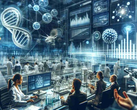 A hyper-realistic, high-definition image displaying the recent breakthrough in biotechnology that has piqued the interest of investors. Capture the concept of innovation, science, and business colliding, such as a biotech laboratory filled with state-of-the-art equipment, scientists--including a Caucasian woman and a South Asian man--deep in thought or discussion, a digital screen showing impressive data-analysis graphs, and symbolic elements hinting at the revolutionary nature of the breakthrough. Additionally, include a few out-of-focus individuals wearing business attires discerning the information to represent the investors.