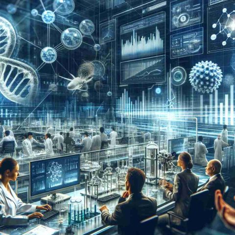 A hyper-realistic, high-definition image displaying the recent breakthrough in biotechnology that has piqued the interest of investors. Capture the concept of innovation, science, and business colliding, such as a biotech laboratory filled with state-of-the-art equipment, scientists--including a Caucasian woman and a South Asian man--deep in thought or discussion, a digital screen showing impressive data-analysis graphs, and symbolic elements hinting at the revolutionary nature of the breakthrough. Additionally, include a few out-of-focus individuals wearing business attires discerning the information to represent the investors.