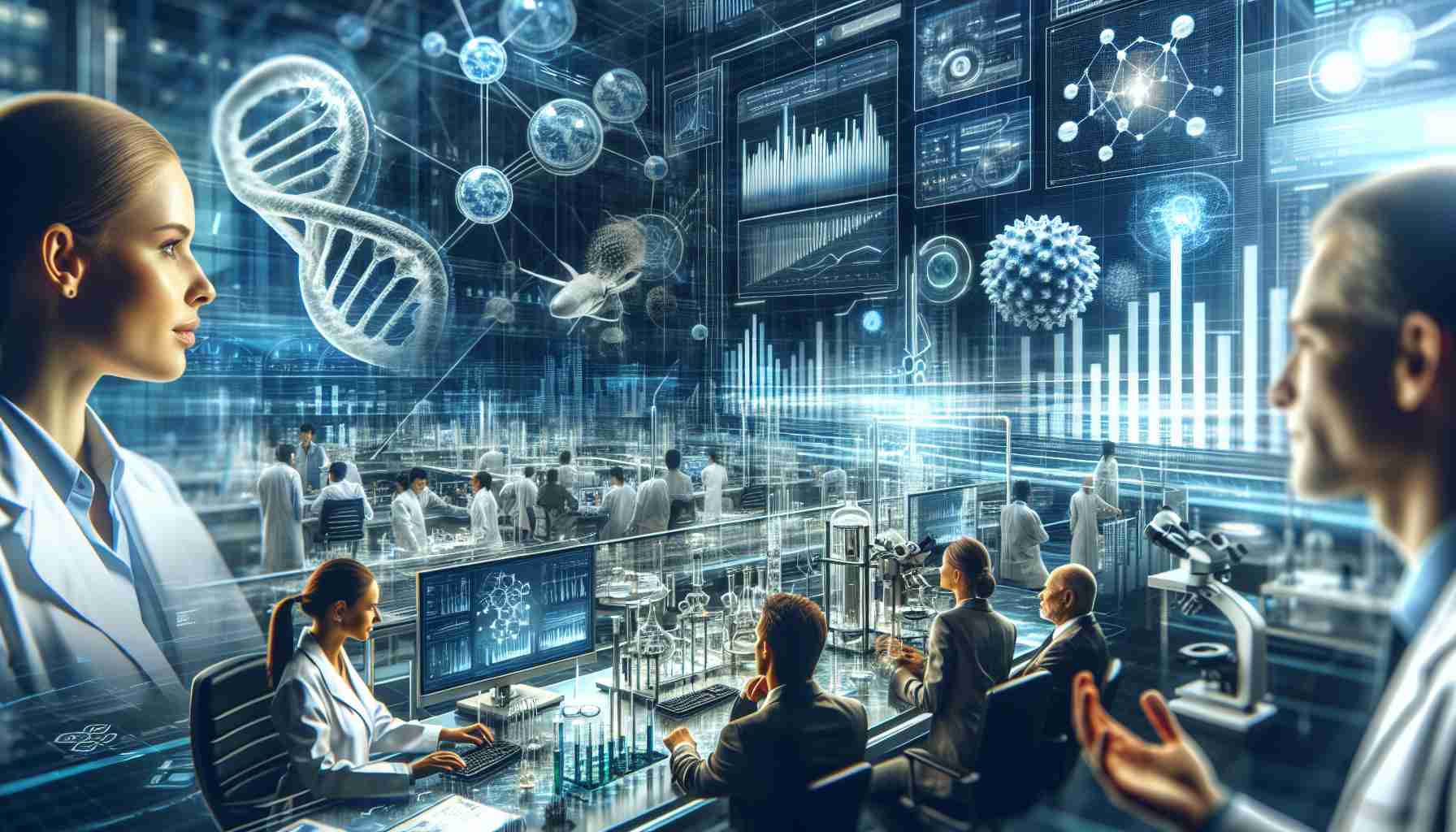 A hyper-realistic, high-definition image displaying the recent breakthrough in biotechnology that has piqued the interest of investors. Capture the concept of innovation, science, and business colliding, such as a biotech laboratory filled with state-of-the-art equipment, scientists--including a Caucasian woman and a South Asian man--deep in thought or discussion, a digital screen showing impressive data-analysis graphs, and symbolic elements hinting at the revolutionary nature of the breakthrough. Additionally, include a few out-of-focus individuals wearing business attires discerning the information to represent the investors.