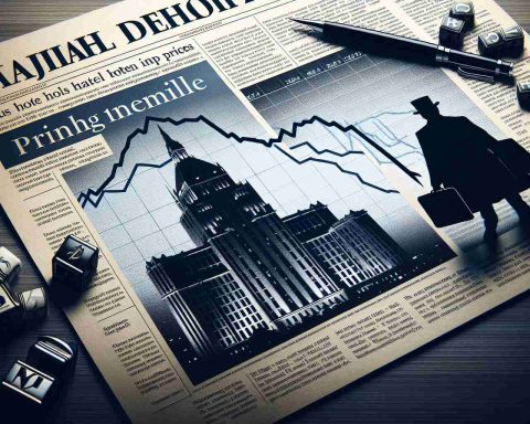 Create a detailed, high-definition image symbolically representing the plunge in a major hotel chain's stock prices. Include elements such as a graph with descending line, a newspaper headline discussing the news, and the dark silhouette of an unidentifiable hotel in the background. Make sure all elements are conveyed from an artistic perspective.