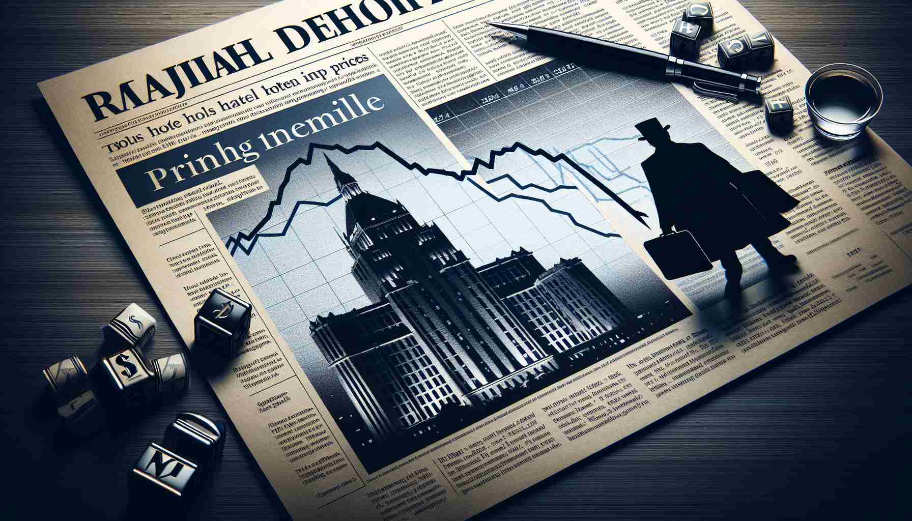 Create a detailed, high-definition image symbolically representing the plunge in a major hotel chain's stock prices. Include elements such as a graph with descending line, a newspaper headline discussing the news, and the dark silhouette of an unidentifiable hotel in the background. Make sure all elements are conveyed from an artistic perspective.