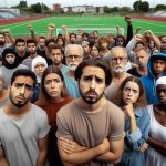 Create a high-definition scene that illustrates a community gathering expressing their dissatisfaction and concern over the insufficient safety measures at their local football fields. The photo should vividly portray the group of people, which includes Caucasians, South Asians, Middle-Easterns and Black individuals of all genders. The football fields should be visible in the background, lack of necessary safety measures such as missing guard rails, proper signage, or medical teams should be evident. Their facial expressions should reflect their concern and discontent.