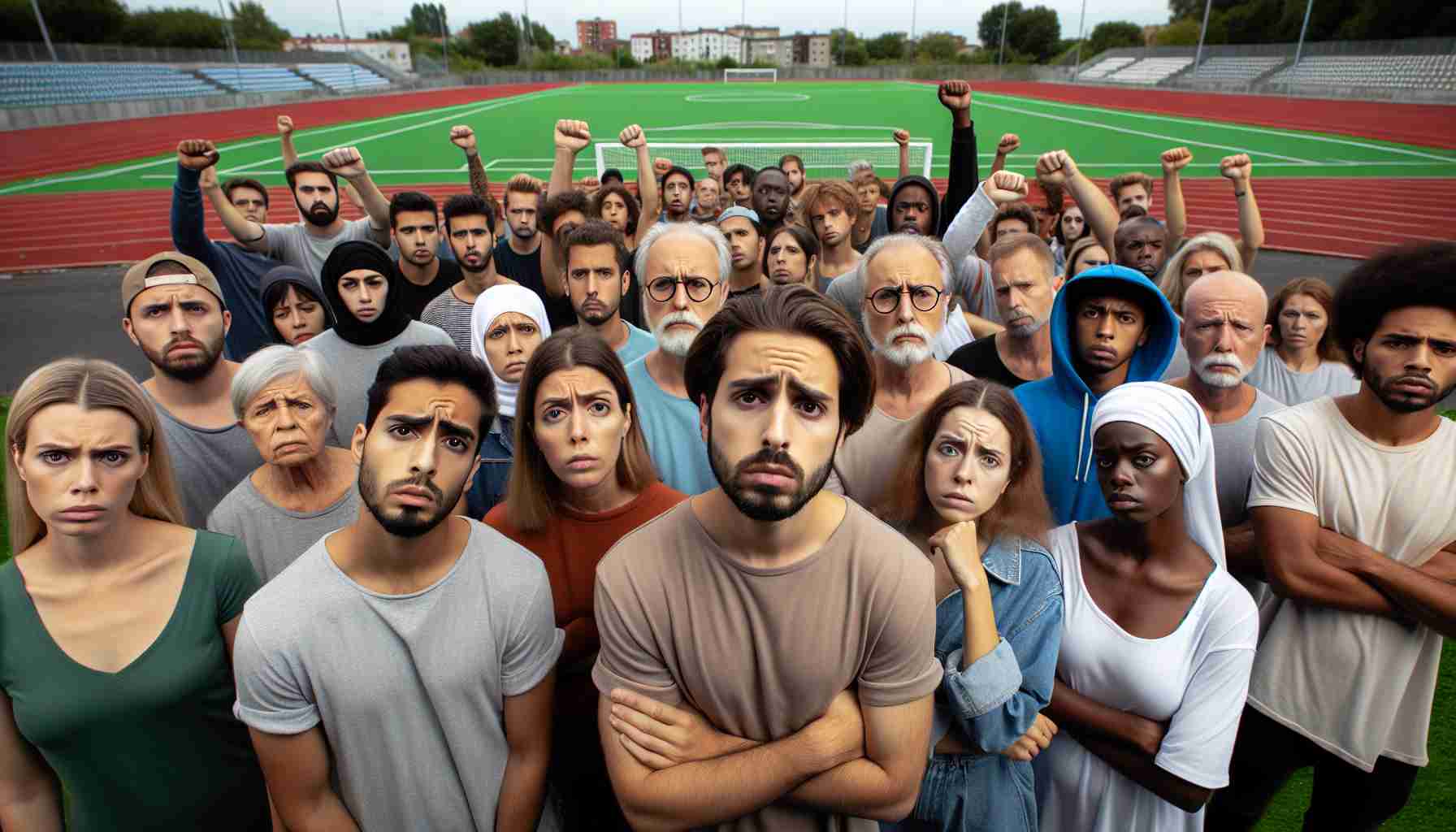 Create a high-definition scene that illustrates a community gathering expressing their dissatisfaction and concern over the insufficient safety measures at their local football fields. The photo should vividly portray the group of people, which includes Caucasians, South Asians, Middle-Easterns and Black individuals of all genders. The football fields should be visible in the background, lack of necessary safety measures such as missing guard rails, proper signage, or medical teams should be evident. Their facial expressions should reflect their concern and discontent.