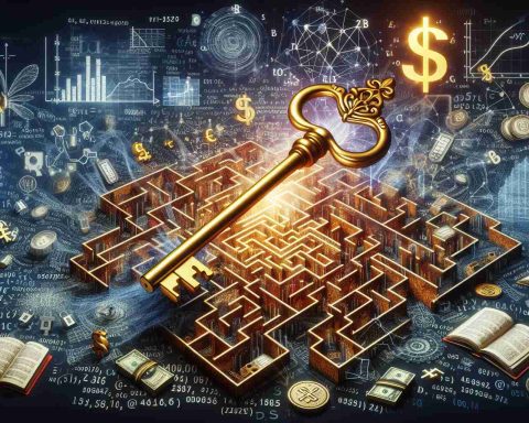 A highly detailed and vivid image showcasing the concept of 'unlocking the secret to simplifying complex financial concepts'. A large golden key hovers over an intricate labyrinth made of various financial symbols like currency signs and graphs. This labyrinth slowly unravels into simpler, straightforward paths at the touch of the key. Alongside, several codes and equations turn into easy-to-understand dictionaries and guide books. The entire scene is suggestive of clarity and understanding emerging from complexity.