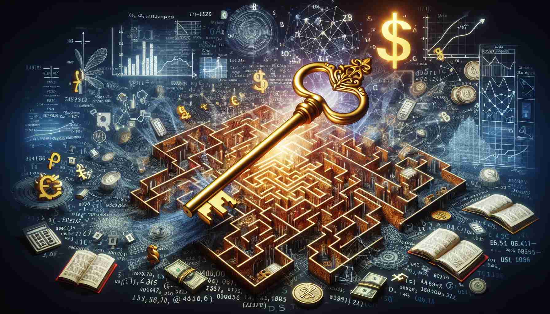 A highly detailed and vivid image showcasing the concept of 'unlocking the secret to simplifying complex financial concepts'. A large golden key hovers over an intricate labyrinth made of various financial symbols like currency signs and graphs. This labyrinth slowly unravels into simpler, straightforward paths at the touch of the key. Alongside, several codes and equations turn into easy-to-understand dictionaries and guide books. The entire scene is suggestive of clarity and understanding emerging from complexity.