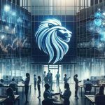 Create a high-definition realistic image that symbolizes a strong investment firm making a significant move in the technology sector. The image could depict a corporate office building with the company's logo (a generic lion, an emblem of strength and power) at the forefront. In the background, there could be silhouettes of diverse male and female employees engaged in discussions and detailed analytical work. The office interior should be filled with high-tech elements, such as multiple computer screens showing fluctuating stock charts, holographic tech imagery, and futuristic tech devices. There may be a digital news ticker at the bottom showcasing the headlines of the investment giant's bold move.