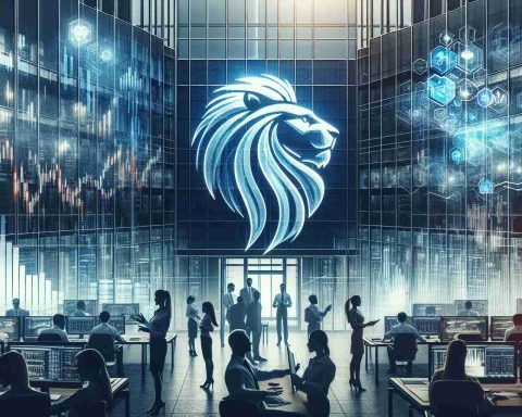 Create a high-definition realistic image that symbolizes a strong investment firm making a significant move in the technology sector. The image could depict a corporate office building with the company's logo (a generic lion, an emblem of strength and power) at the forefront. In the background, there could be silhouettes of diverse male and female employees engaged in discussions and detailed analytical work. The office interior should be filled with high-tech elements, such as multiple computer screens showing fluctuating stock charts, holographic tech imagery, and futuristic tech devices. There may be a digital news ticker at the bottom showcasing the headlines of the investment giant's bold move.