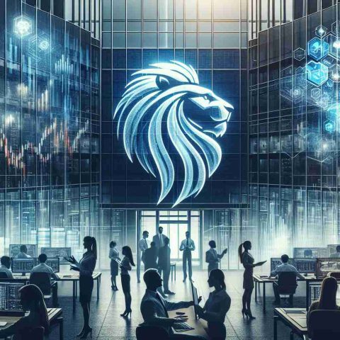 Create a high-definition realistic image that symbolizes a strong investment firm making a significant move in the technology sector. The image could depict a corporate office building with the company's logo (a generic lion, an emblem of strength and power) at the forefront. In the background, there could be silhouettes of diverse male and female employees engaged in discussions and detailed analytical work. The office interior should be filled with high-tech elements, such as multiple computer screens showing fluctuating stock charts, holographic tech imagery, and futuristic tech devices. There may be a digital news ticker at the bottom showcasing the headlines of the investment giant's bold move.