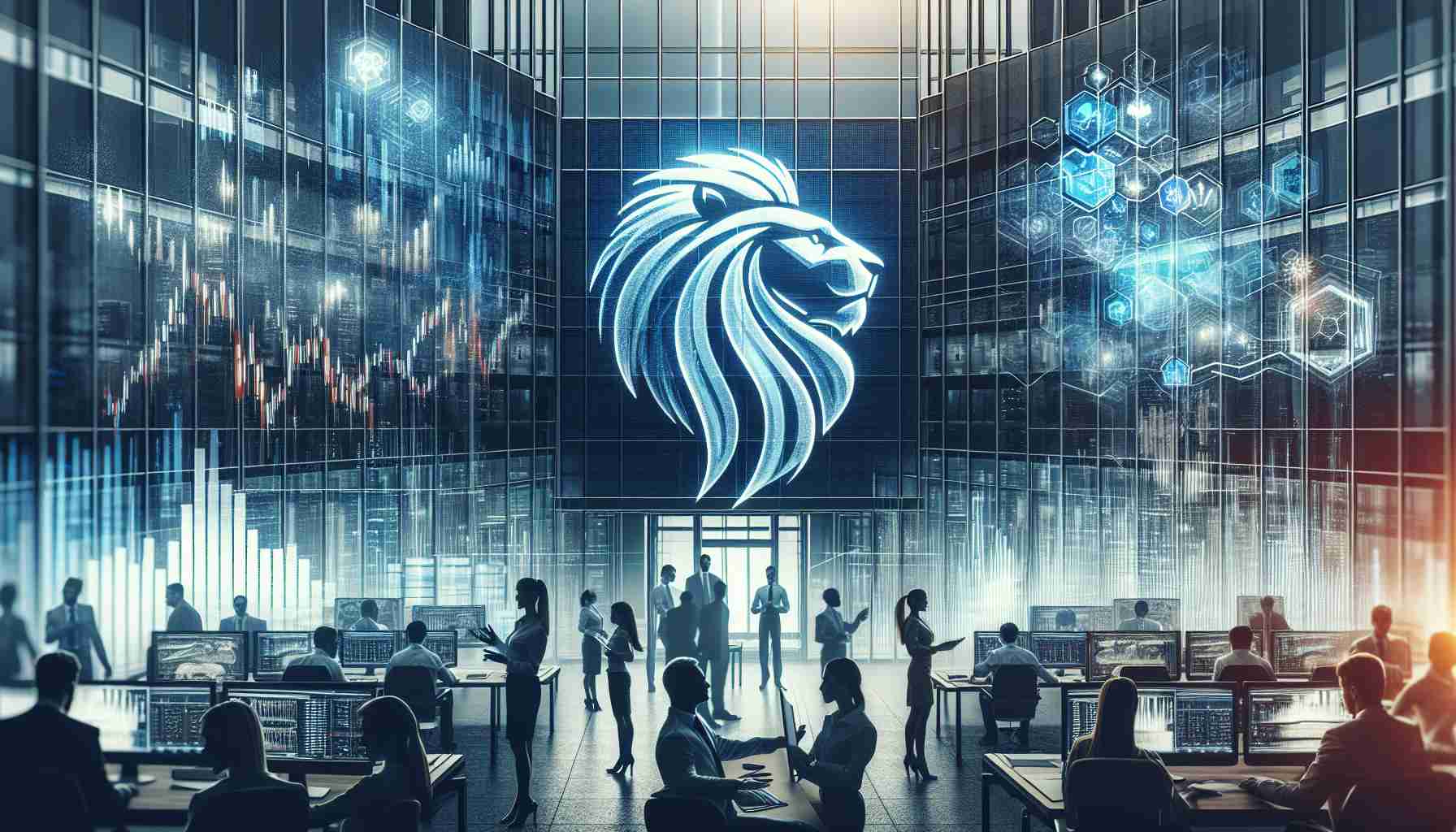 Create a high-definition realistic image that symbolizes a strong investment firm making a significant move in the technology sector. The image could depict a corporate office building with the company's logo (a generic lion, an emblem of strength and power) at the forefront. In the background, there could be silhouettes of diverse male and female employees engaged in discussions and detailed analytical work. The office interior should be filled with high-tech elements, such as multiple computer screens showing fluctuating stock charts, holographic tech imagery, and futuristic tech devices. There may be a digital news ticker at the bottom showcasing the headlines of the investment giant's bold move.