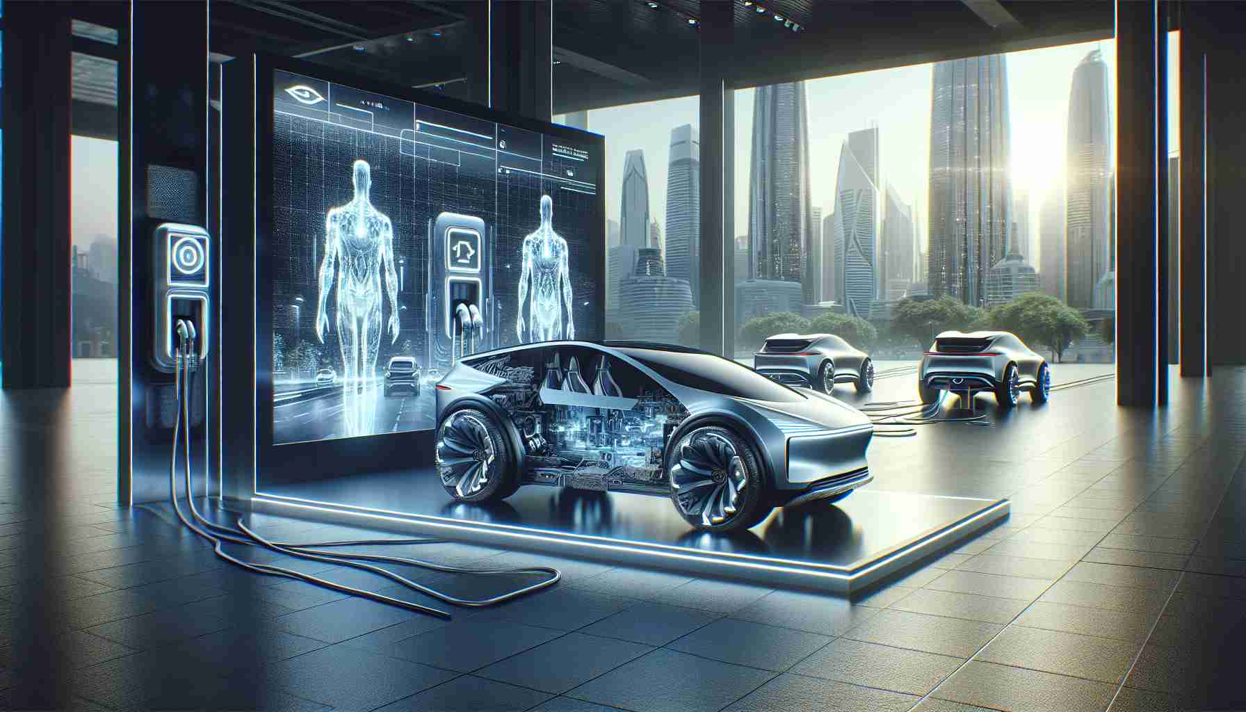 Generate a high-definition, realistic image portraying the unveiling of new, groundbreaking electric SUVs. The scene should feature multiple SUVs, each displaying a unique, modern and futuristic design. The location should suggest a high-profile launch event with great anticipation. Incorporate elements that communicate crucial information about the vehicles, such as the electric charging plug and the elaborate interior design.